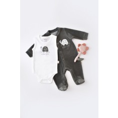 Set Broscuta cu salopeta si body din 80%bumbac organic si 20% poliester - Antracit, BabyCosy (Marime: 3-6 Luni)