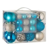 Set 50 de globuri pentru brad, dimensiuni asortate, Albastru/Argintiu