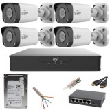 Sistem supraveghere UNV 4 camere IP 5MP IR 30M PoE NVR 4 canale cu accesorii HDD 500GB incluse SafetyGuard Surveillance, Uniview