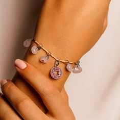 Brățară Boho Cuarț roz cu ideograma prosperității, piatra dragostei, rafie reglabilă