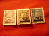 3 Timbre Norvegia 1929 Uzuale Porto cu supratipar Post , stampilate, Stampilat