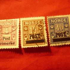 3 Timbre Norvegia 1929 Uzuale Porto cu supratipar Post , stampilate