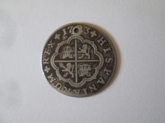 Rară! Spania 2 Reales 1723 Sevilla argint primul tip Felipe V,monedă găurită