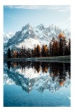 Tablou Canvas, "Reflecții alpine &icirc;n oglinda lacului", Munți, Reflecție, Copaci, Apă, Cer, Zăpadă, Toamnă, Liniște, Majestuos, Natură, 26 x 39 cm, CMCL