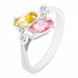Inel de culoare argintie, zirconii roz și galbene &icirc;n formă de bob, zirconii transparente - Marime inel: 56