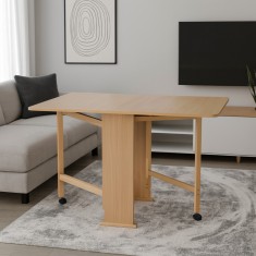 Masa plianta Practic, bucatarie si living, Pal Melaminat, insertii lemn masiv, 6 persoane, colturi rotunjite, 120x74x75 cm, stejar sonoma