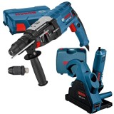 Bosch GNF 35 CA + GBH 2-26 DFR - Freza pentru caneluri beton 1400 W 150 mm valiza plastic + Rotopercutor SDS-Plus 800 W 2.7 J mandrina interschimbabil