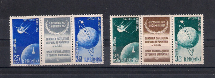 ROMANIA 1957 - SATELITII ARTIFICIALI AI PAMANTULUI, TRIPTIC, MNH - LP 444a(3)