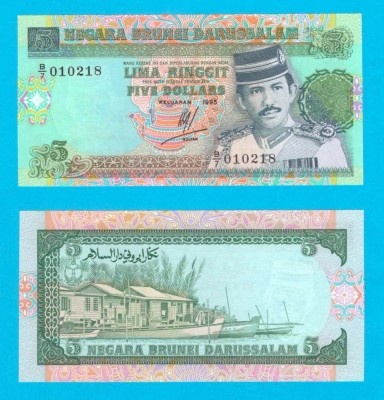 Brunei Darussalam (pick 14) 5 Ringgit 1995 UNC serie: 010218 foto