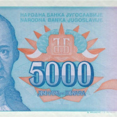 IUGOSLAVIA █ bancnota █ 5000 Dinara █ 1994 █ P-141 █ Serie AA █ UNC █