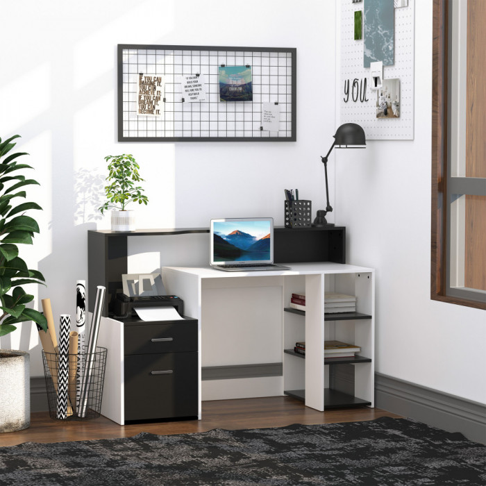 HOMCOM Masa de Birou Moderna pentru Computator cu Rafturi din Lemn MDF Alb si Negru 140x55x92cm