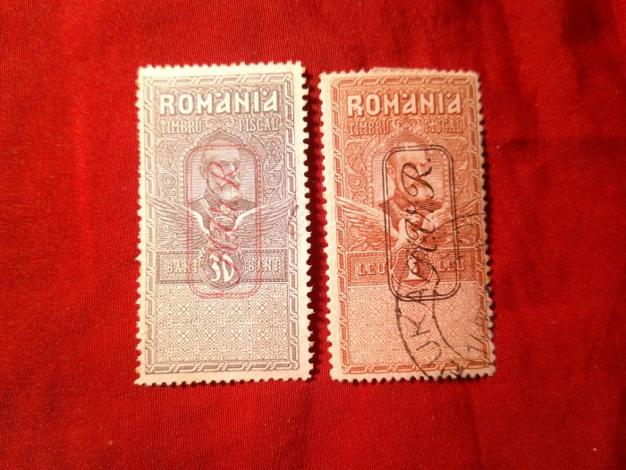 2 Timbre Fiscale Romania 1917 , oc. germana caseta rosie MViR ,scris cursiv , stampilate , 30 bani si 1 leu