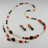 Cumpara ieftin Set Bijuterii Coral Roșu și Agat Negru Argint 925 Placat Aur - Colier, Brățară, Cercei - Made in Italy
