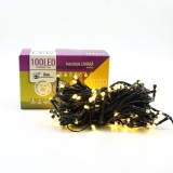 Instalatie de Craciun liniara eMazing, 10 M, din care 1 M cablu priza 220 V, 100 LED, 8 jocuri de lumini, controler, fir negru, Alb Cald