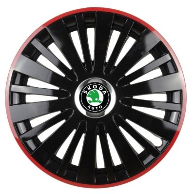 Set 4 Capace Roti pentru Skoda, model Falcon Black Cu Rama Rosie, R16, SKODA foto