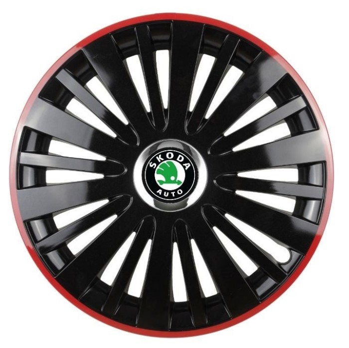 Set 4 Capace Roti pentru Skoda, model Falcon Black Cu Rama Rosie, R16, SKODA
