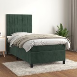 Cumpara ieftin Pat box spring cu saltea, verde &icirc;nchis, 90x200 cm, catifea