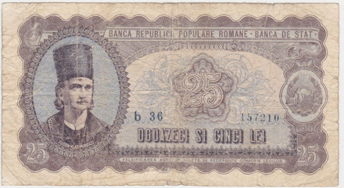 ROMANIA RPR 25 lei 1952 uzata