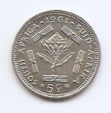 Africa de Sud 5 centi 1961 - Argint 2.83g/500,19,35 mm, KM-59