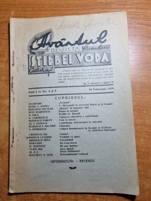 avantul, liceul stirbei voda calarasi 15 februarie 1939-inchinare lui carol 2