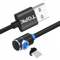 Cablu de incarcare TOPK magnetic LED 2.1A Lightning unghi 90 grade si rotatie 360 de 2m, negru foto