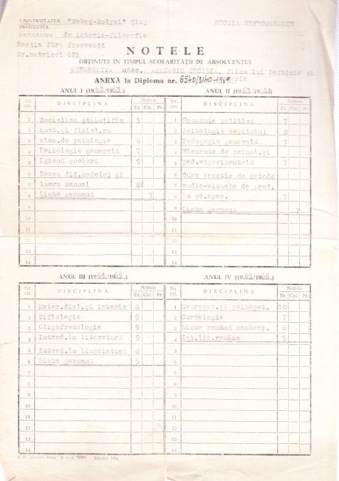 AMS# - FOAIE MATRICOLA SECTIA DEFECTOLOGIE UNIV. BABES-BOLYAI CLUJ 1969