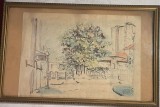 Tablou 1956, lucrare veche, Letiția Muntean (1902 - 1979), Peisaj urban, tehnică mixtă, 38x24 / 29x20, Scoala de la Baia Mare, artă rom&acirc;nească