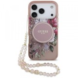 Husa MagSafe pentru Apple iPhone 17 Pro, Guess, IML Flowers with Pearl Strap, Roz