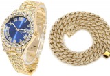 Cumpara ieftin Set Ceas Iced Out Gold Blue + Colier Cuban Chain Iced out, insertii din zirconiu, otel inoxidabil, dispozitiv pentru ajustare, impachetare premium, au