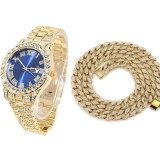Set Ceas Iced Out Gold Blue + Colier Cuban Chain Iced out, insertii din zirconiu, otel inoxidabil, dispozitiv pentru ajustare, impachetare premium, au