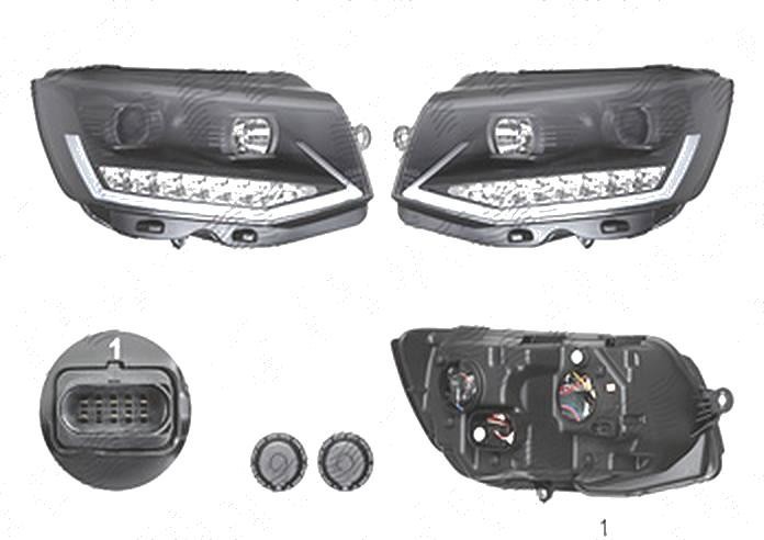 Set faruri tuning VW Transporter/Multivan (T6), 04.2015-, Stanga+Dreapta, cu LED indicator; cu LED daytime running light; cu LED-uri pozitie; H1+H11+