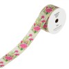 Panglica Satin Verde cu Flori Fucsia, 1m x 2.5cm, Multicolor, Model Floral, Decor Cadouri &amp; DIY