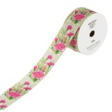 Panglică Satinată, Model Flori Fucsia, Culoare Verde, Dimensiune 1m x 2.5cm, Oem