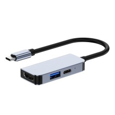 Adaptor multifunctional 3 in 1 USB-C la HDMI Techstar&reg; CYC3IN1, HDMI 4K, 1 x USB 3.0, Compatibil MacBook Air si MacBook Pro, PD Port, Gri