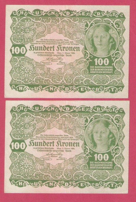 AUSTRIA 100 KRONEN / 1922 - CONSECUTIVE.-aUNC