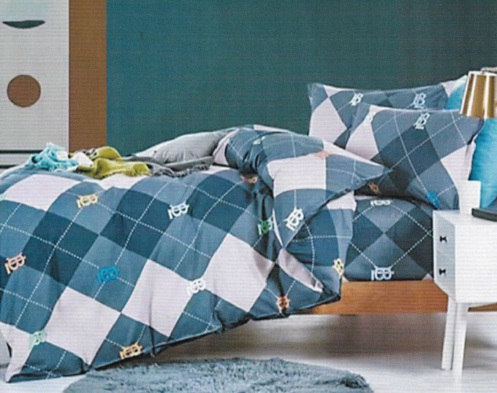 Lenjerie de pat pentru o persoana cu husa elastic pat si fata perna dreptunghiulara, Carouri, bumbac ranforce, gramaj tesatura 120 g/mp, multicolor