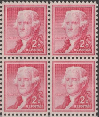 SUA 1954 - Thomas Jefferson, uzual 2c, bloc de 4 neuzat foto