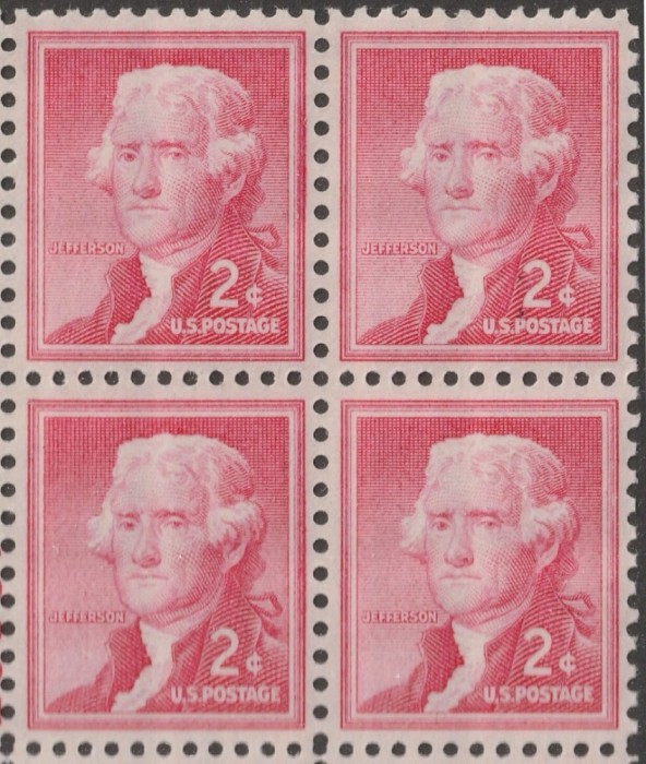 SUA 1954 - Thomas Jefferson, uzual 2c, bloc de 4 neuzat