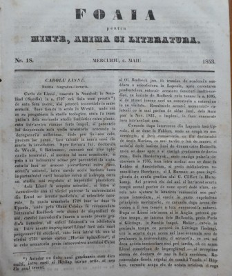 Foaia pentru minte, inima si literatura, nr. 18, 1853, Brasov, Redactor Iacob Muresanu foto