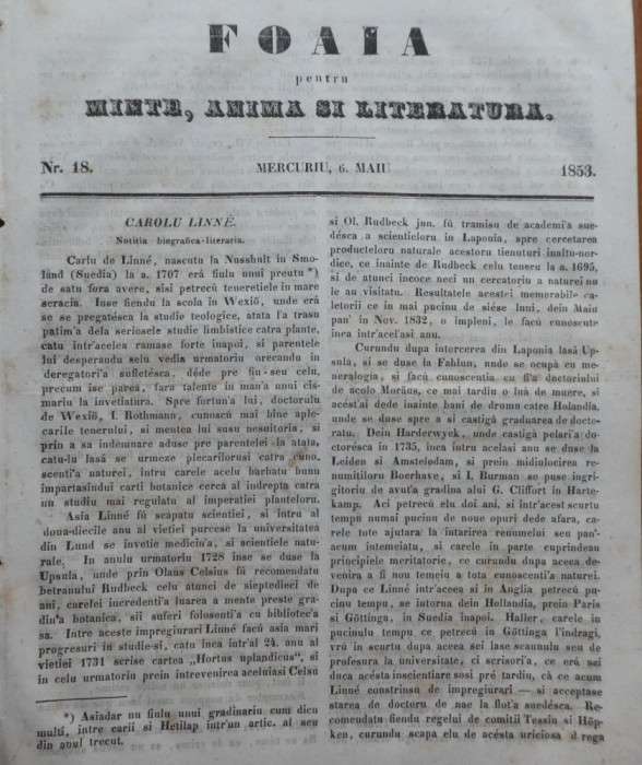 Foaia pentru minte, inima si literatura, nr. 18, 1853, Brasov, Redactor Iacob Muresanu