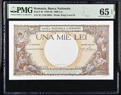 1000 lei 1938 PMG65 UNC bancnota gradata foto