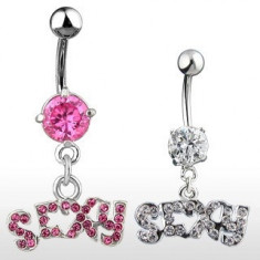 Piercing pentru buric cu zircon – inscripţia SEXY - Culoare zirconiu piercing: Transparent - C