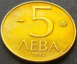 Moneda 5 LEVA - BULGARIA, anul 1992 * cod 1938