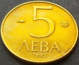 Moneda 5 LEVA - BULGARIA, anul 1992 * cod 1938