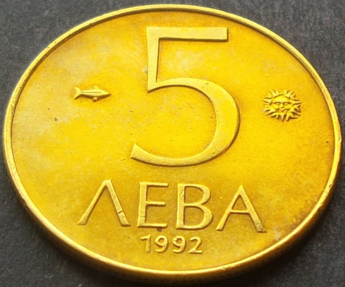 Moneda 5 LEVA - BULGARIA, anul 1992 * cod 1938