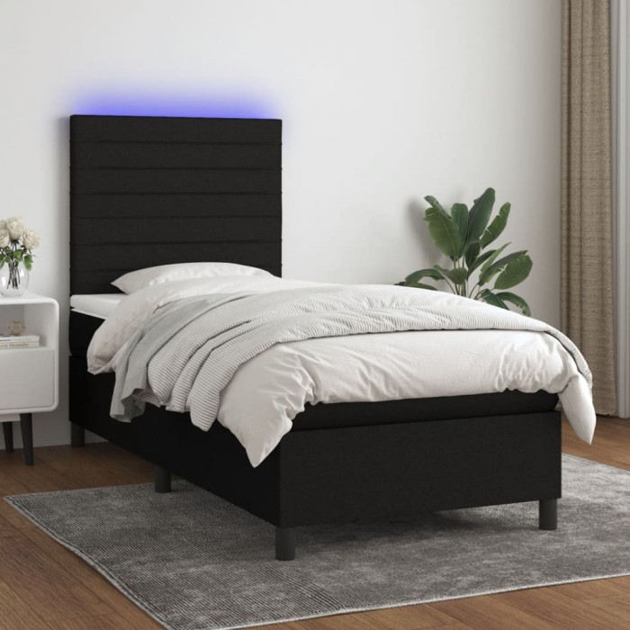 vidaXL Pat cu arcuri, saltea și LED, negru, 90x200 cm, textil 3134927