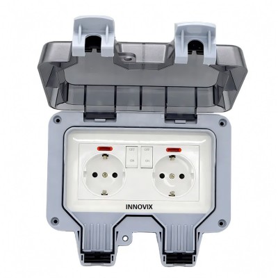 Priza dubla exterior INNOVIX, Model Standard European, 250V/16A, IP66, rezistenta la apa si praf, gri cu foto
