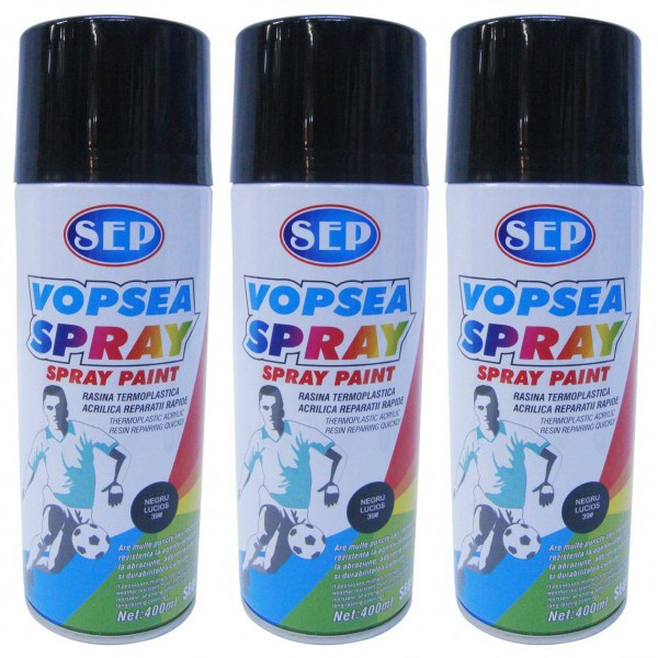 3 x Vopsea spray pentru reparatii rapide, SEP, Negru Lucios, 400ml