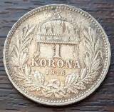 (A968) MONEDA ARGINT UNGARIA - 1 KORONA 1916, FRANZ JOSEPH, PATINA SUPERBA, MAI RARA, Europa