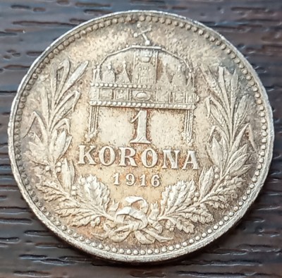 (A968) MONEDA ARGINT UNGARIA - 1 KORONA 1916, FRANZ JOSEPH, PATINA SUPERBA, MAI RARA foto
